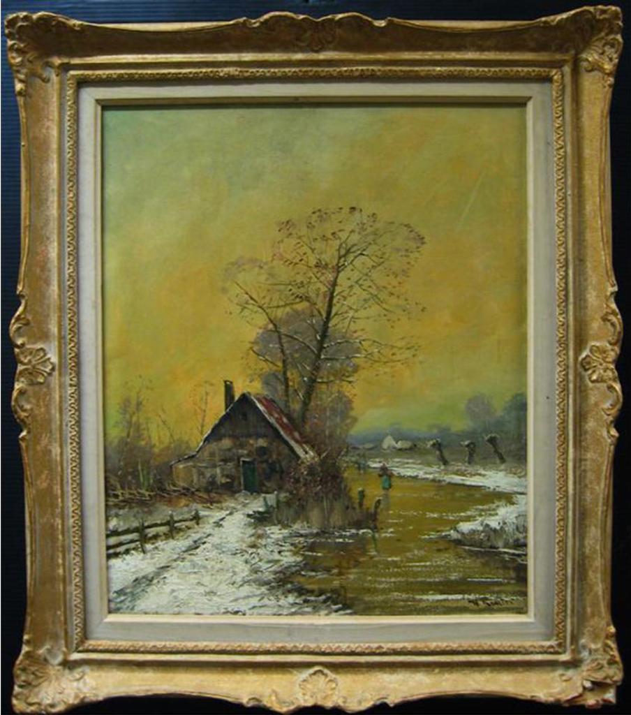 Wilhelm Reuter - Figures On A Frozen River By Cottage