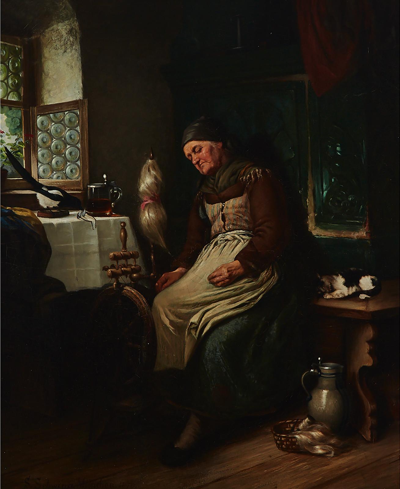 S. Schwing (1870) - Old Spinner Napping In A Kitchen With Her Cat, 1870