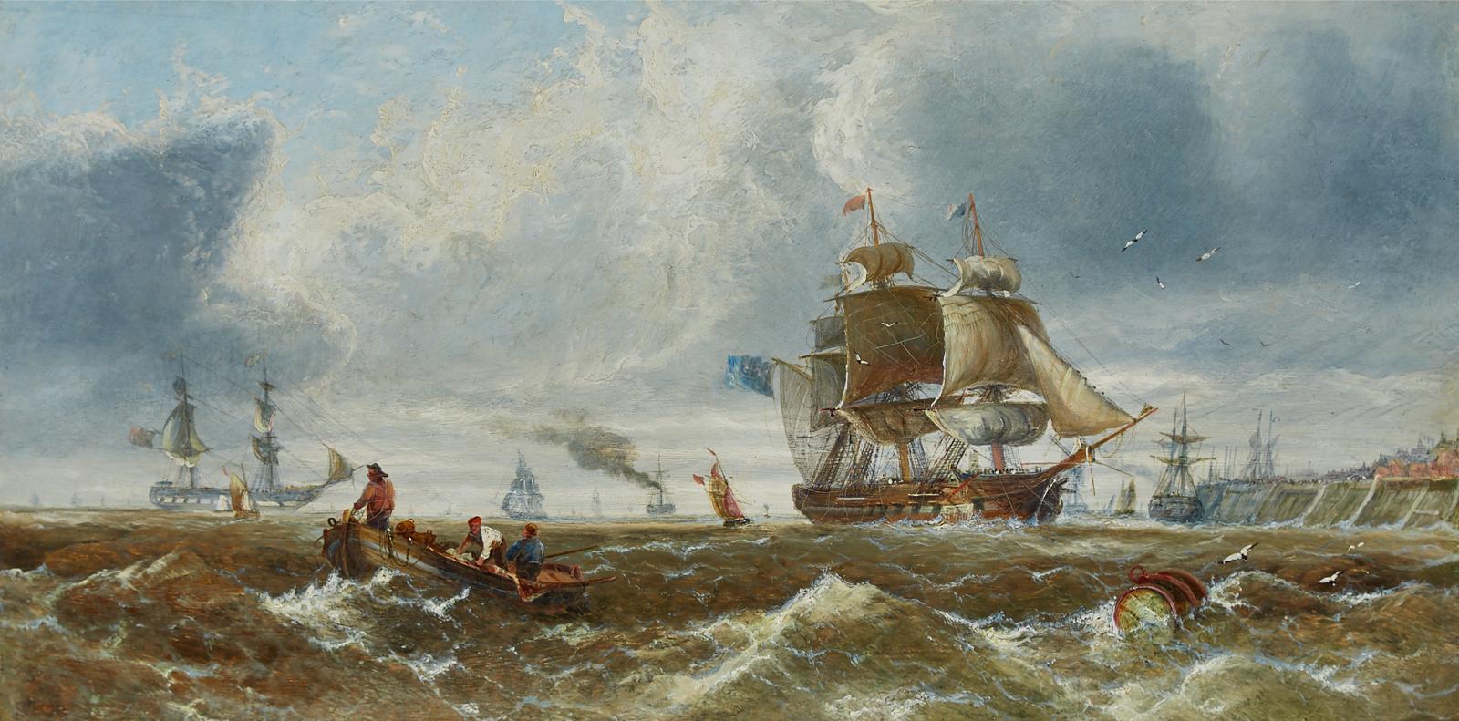 John Callow (1822-1878) - Man O' War In A Busy Channel; Men Boarding A Fishing Boat In A Channel With Masted Ships