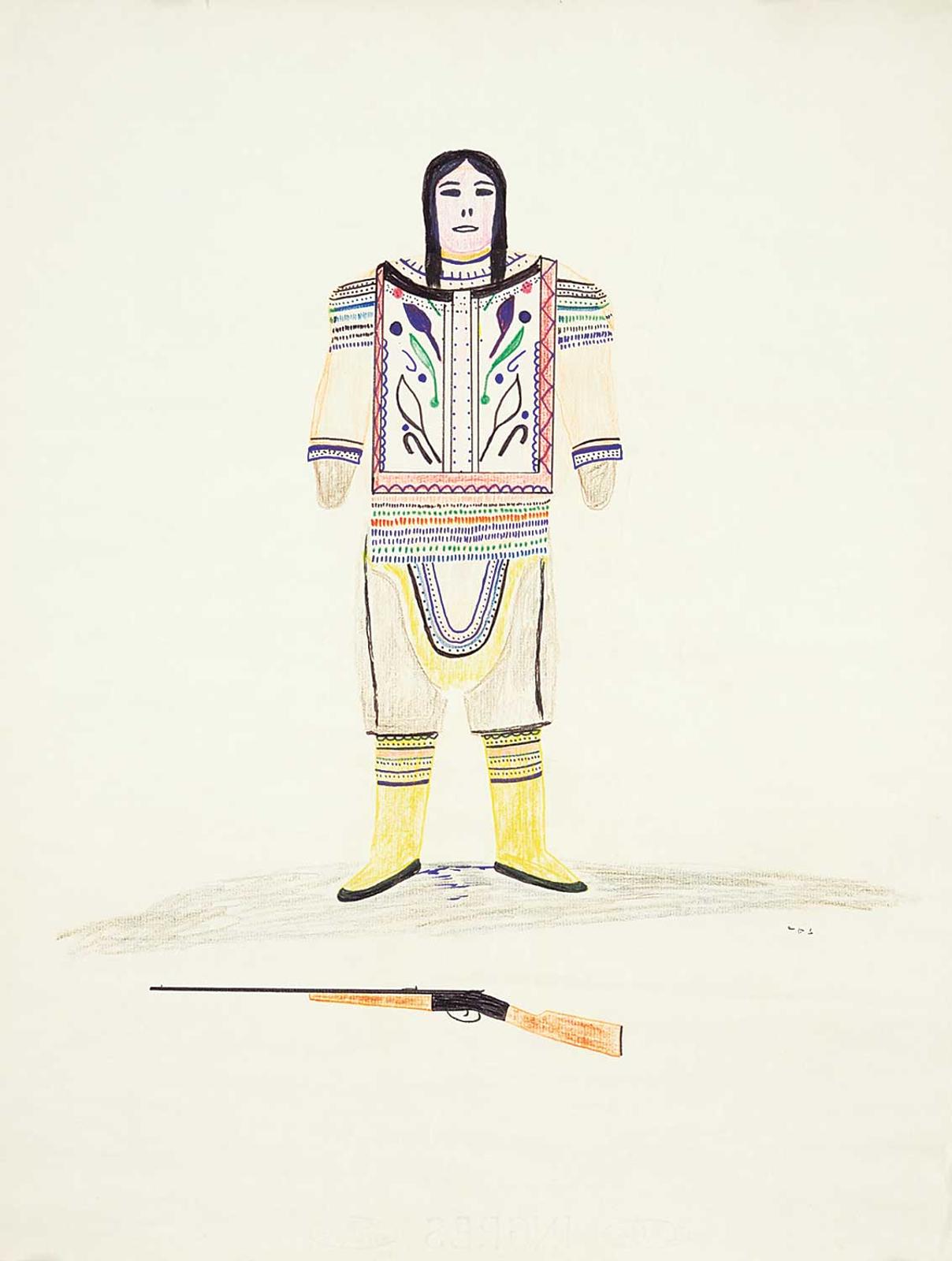 School [Barnabus Arnasungaaq] Inuit - Untitled - Inuit Figure with Pink Face, Brightly Coloured Outfit and Rifle on the Ground