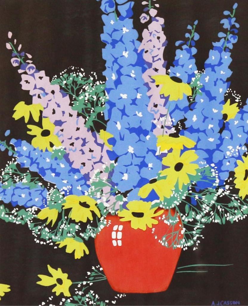 Alfred Joseph (A.J.) Casson (1898-1992) - Delphiniums And Daisies In A Red Vase