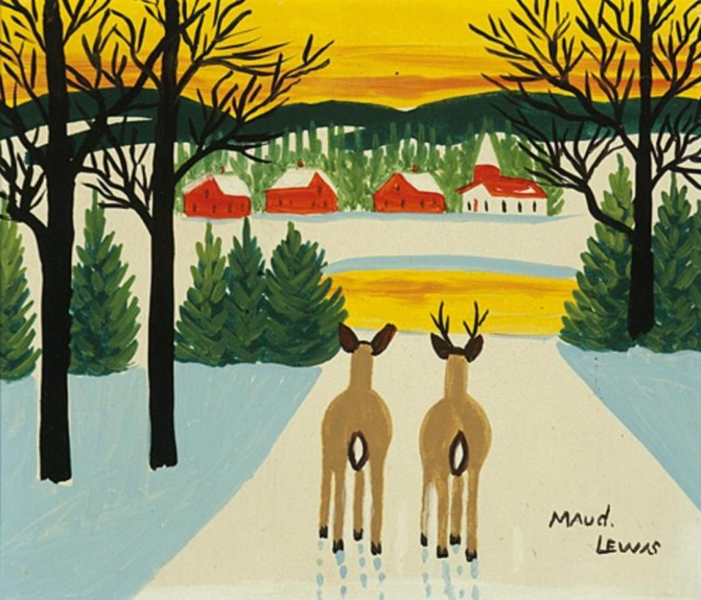 Maud Kathleen Lewis (1903-1970) - Two Deer At Sunset
