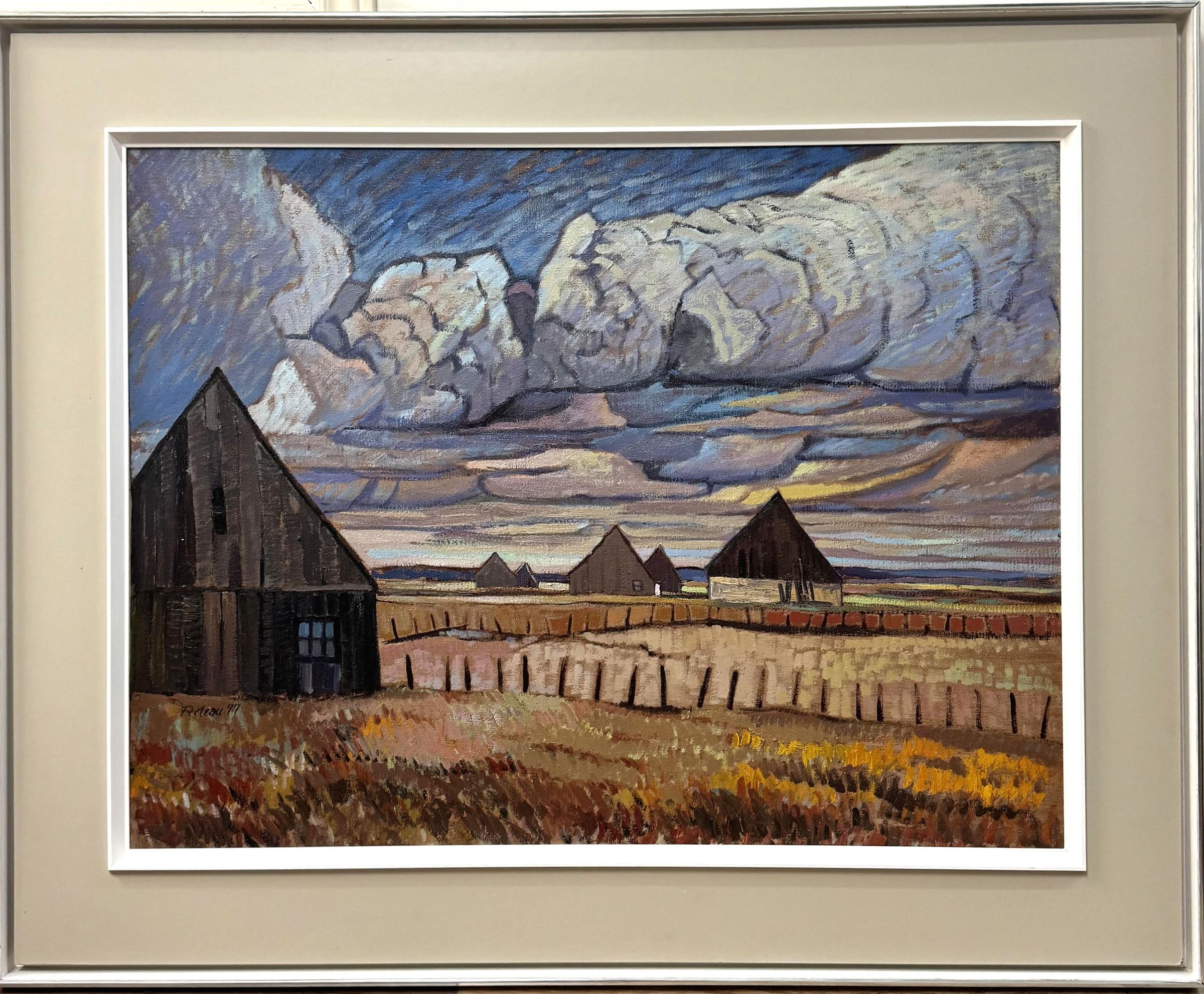 Marcel Fecteau (1927) - Paysage avec fermes et nuages orageux, huile sur toile, signée