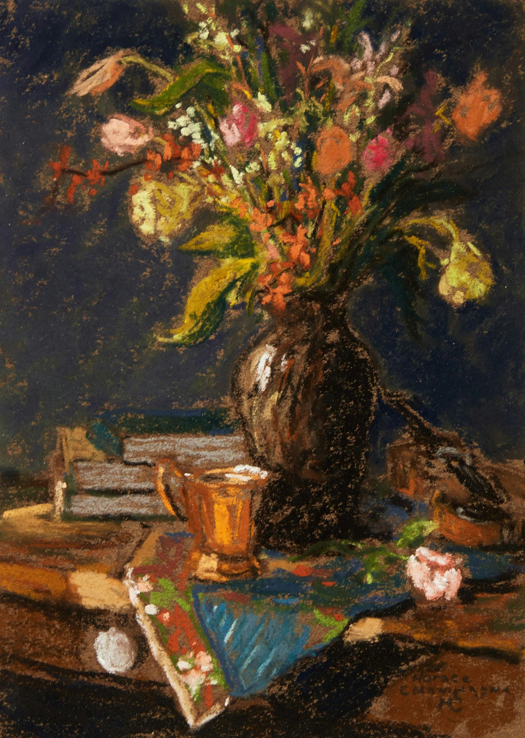 Horace Champagne (1937) - Books, a rose, & antique goblet