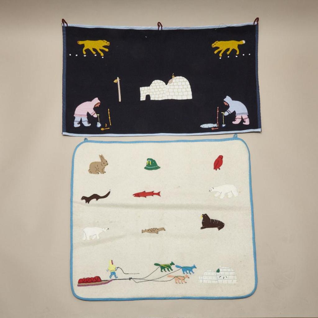 Elisapie Nunivak Papigatok (1935) - Each Untitled (Composition Of Hunter With Komatik And Dog Team Returning To Camp And Arctic Animals; Figures Jigging For Fish With Wolves Above)