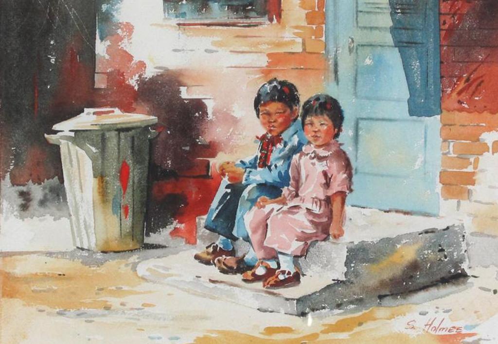Sharon Christian (1950) - Two Children Sitting On The Doorstep