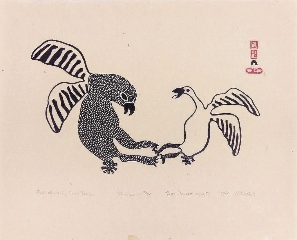Kiakshuk (1886-1966) - Owl attacking Snow Goose