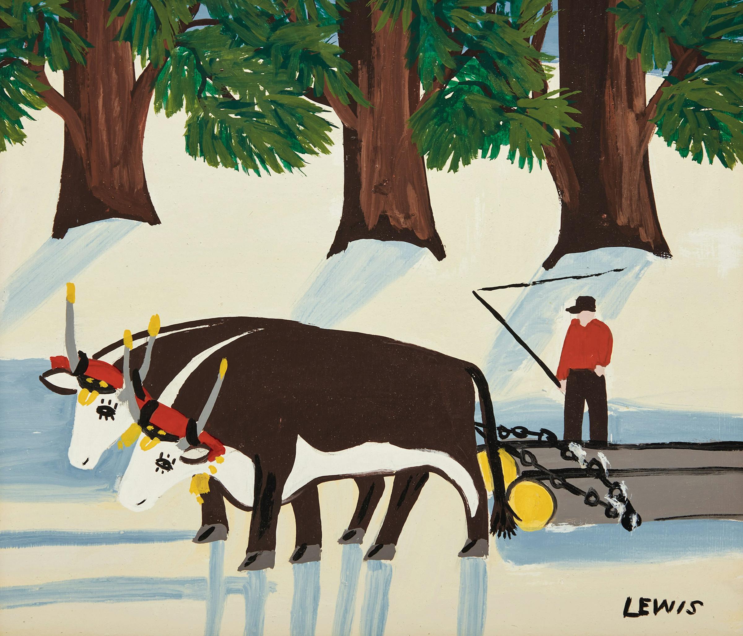 Maud Kathleen Lewis (1903-1970) - Two Oxen Hauling Logs