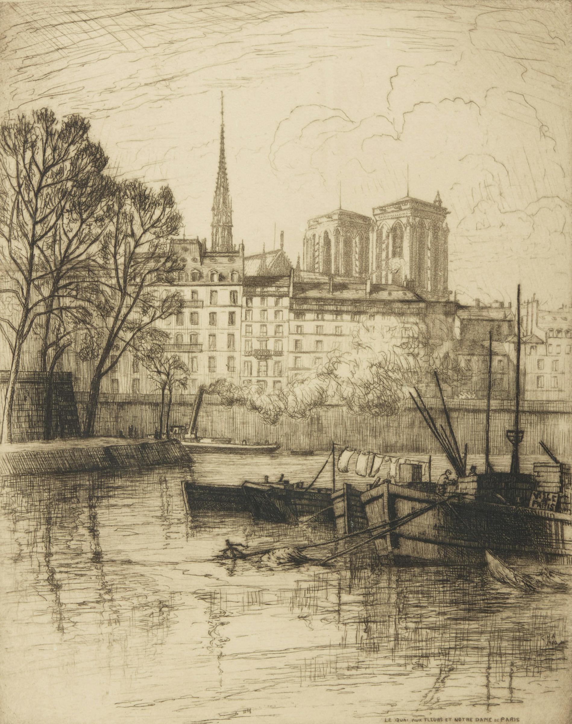 Caroline Helena Armington (1875-1939) - Le Quai aux Fleurs et Notre Dame de Paris