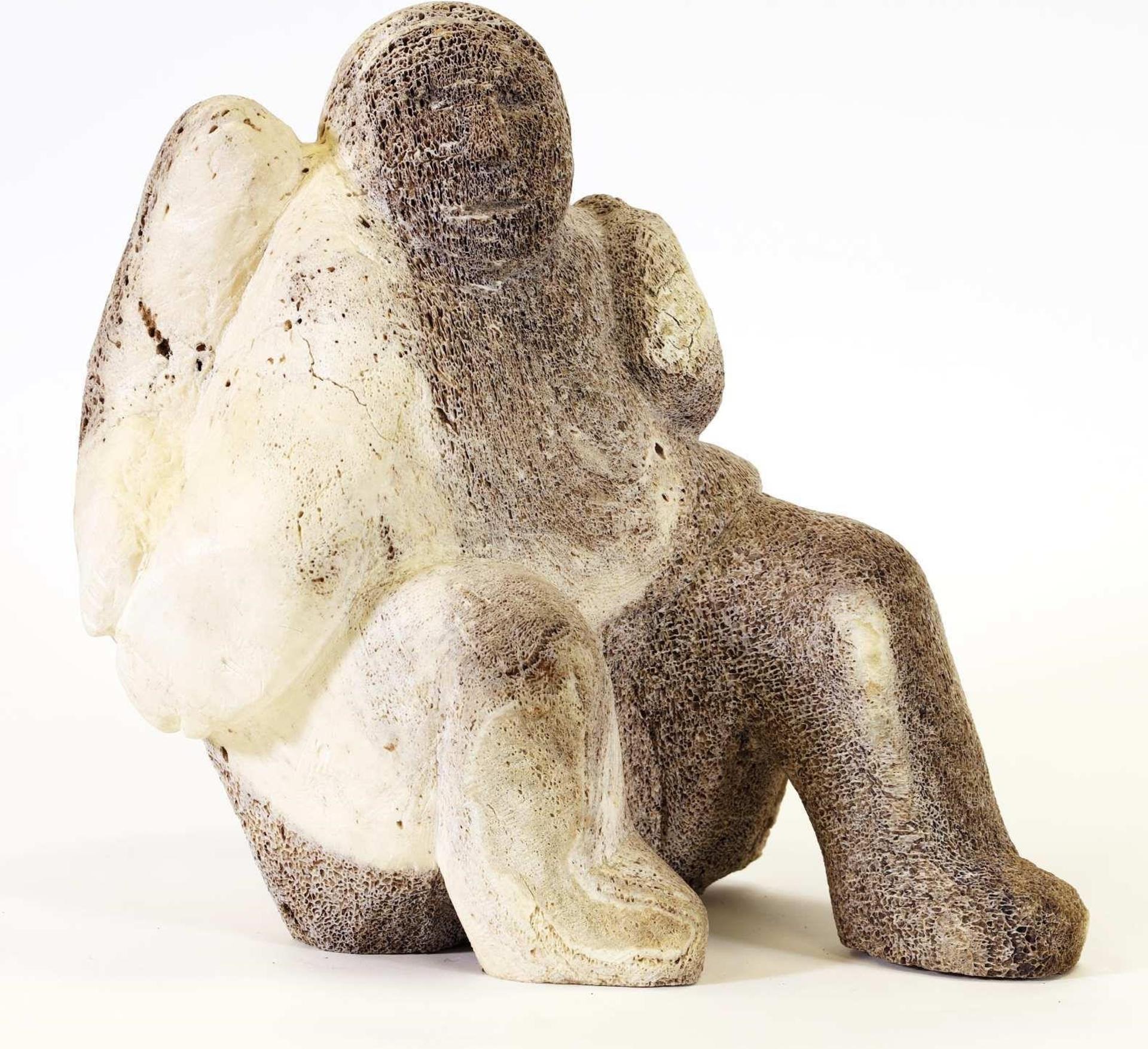 Leah Quqqasiq (1934) - a weathered whale bone carving of a Man & Seal, with igloo card
