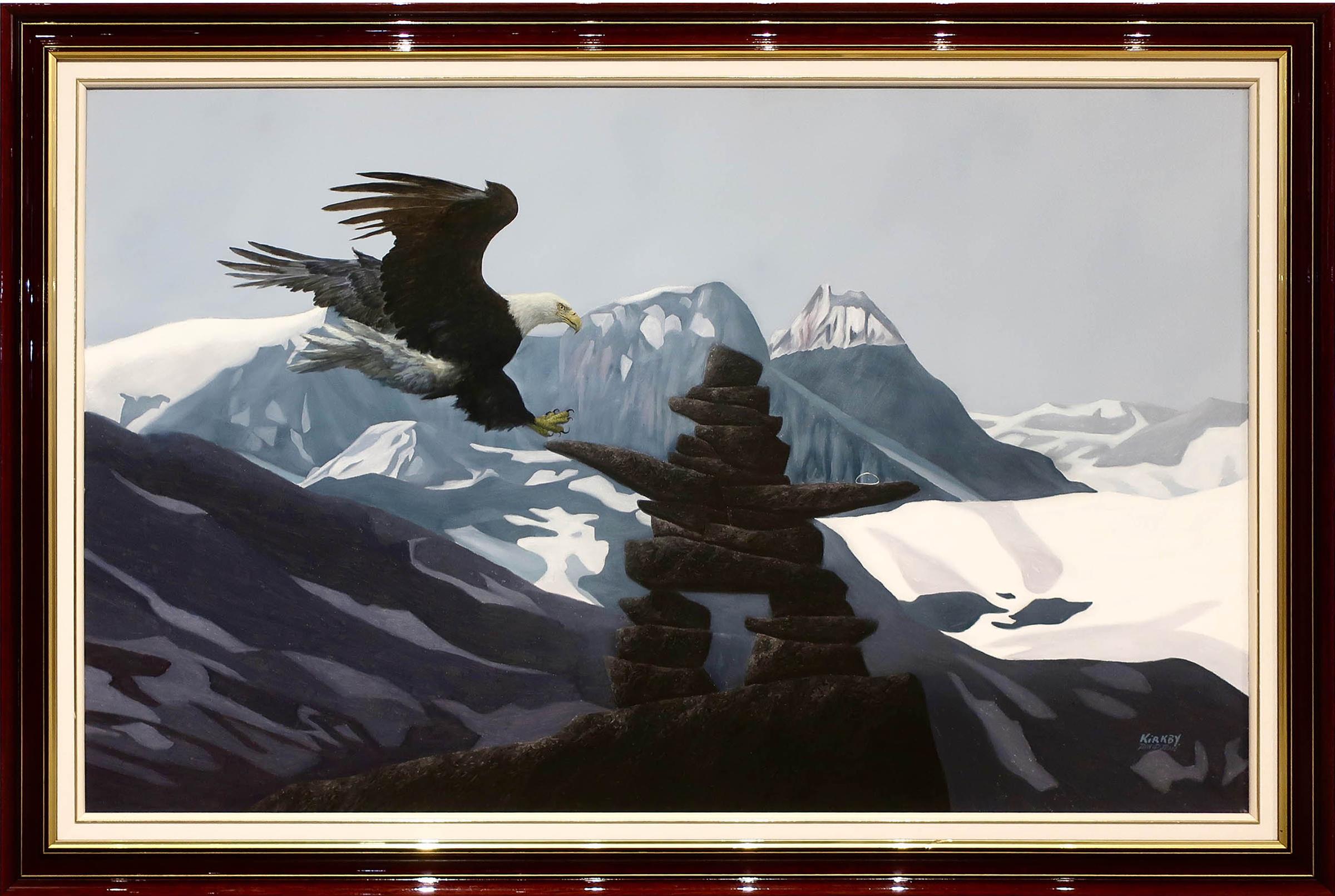 Kenneth (Ken) Michael Kirkby (1940-2023) - Untitled (Bald Eagle Flying Past Inukshuk)