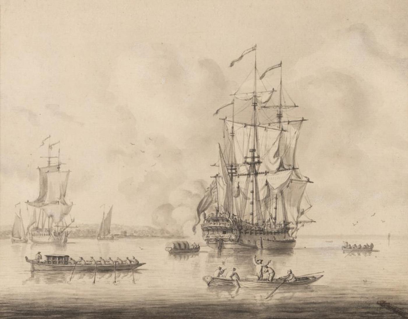 Francis Swaine (1720-1782) - Untitled - Frigates in a Harbour