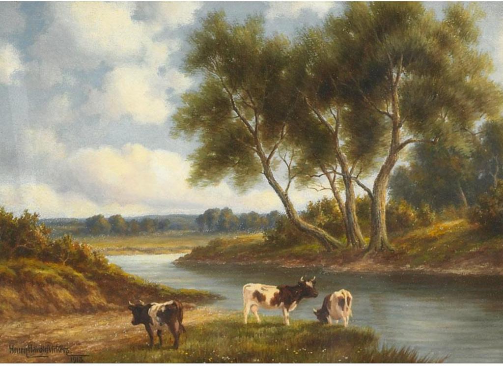 Henry Harold Vickers (1851-1918) - Cows At A River’S Edge; Sheep On A Country Path