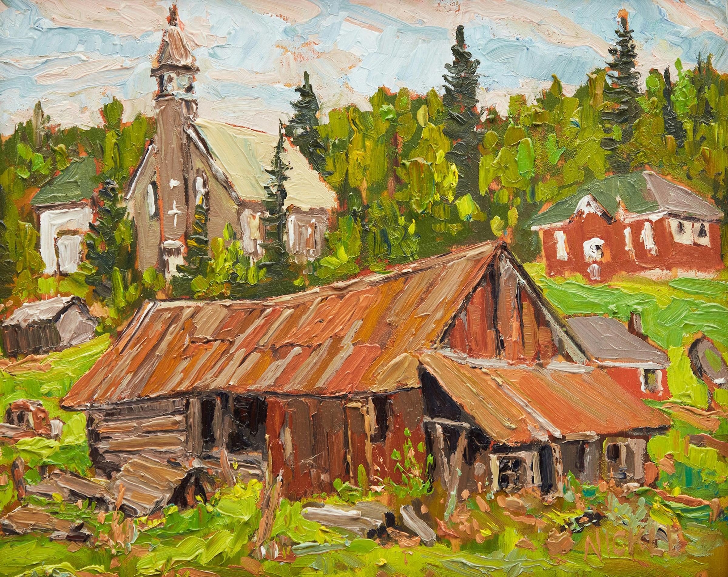 Lawrence Nickle (1931-2014) - Priory, Church School and Barn at Chisholm, Ontario; Yellow Maples and Pond