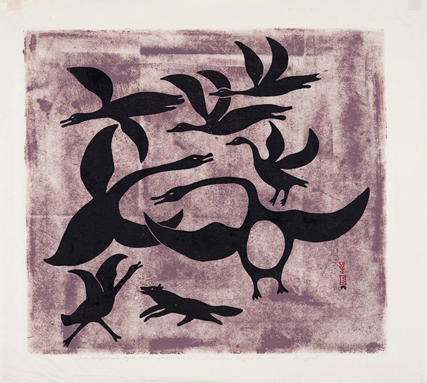 Kenojuak Ashevak (1927-2013) - Geese Frightened by a Fox