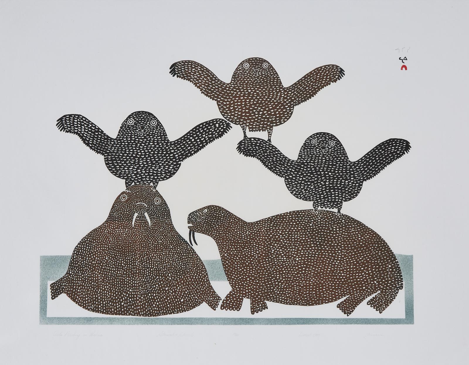 Jamasie Teevee (1910-1985) - Owls Perching On Walrus