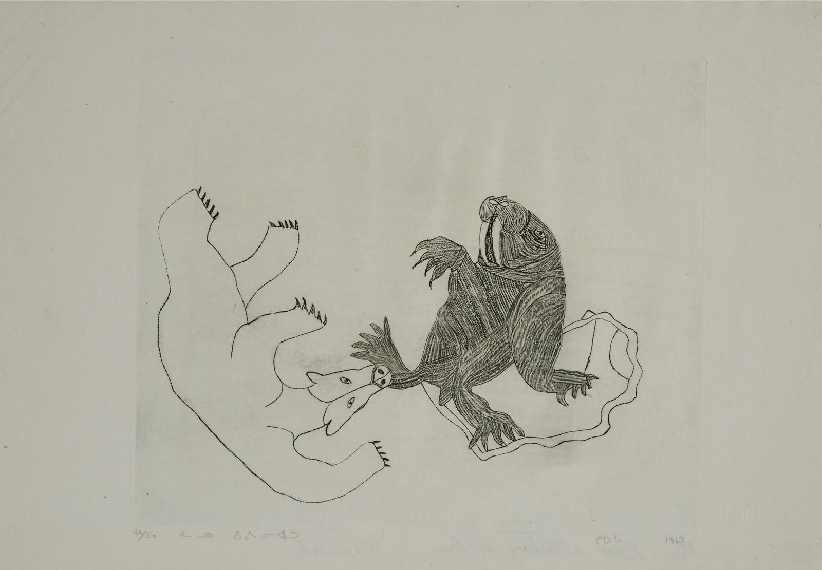 Kiawak (Kiugak) Ashoona (1933-2014) - Bear Attacking Walrus