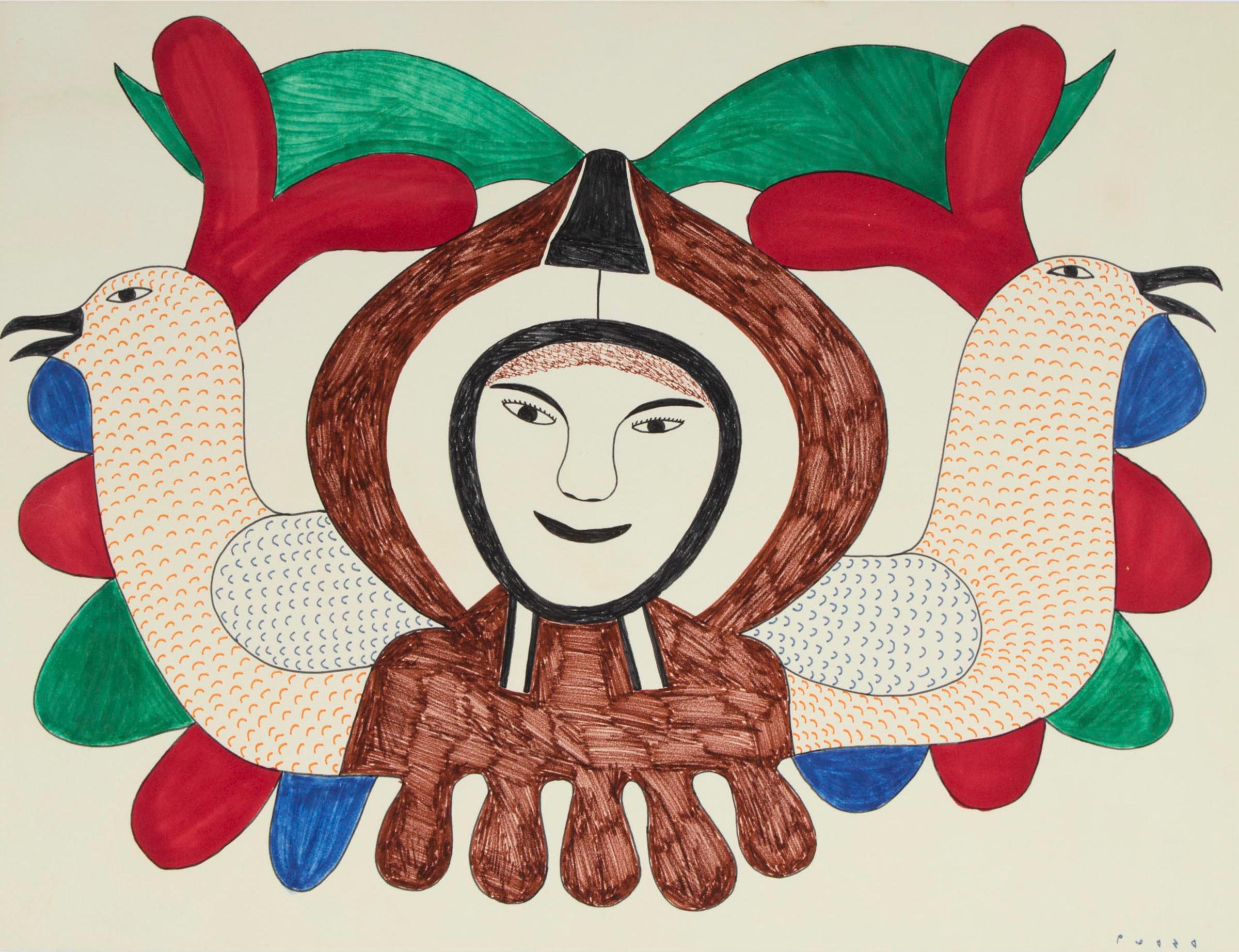 Kenojuak Ashevak (1927-2013) - Untitled (Woman With Birds), 1971