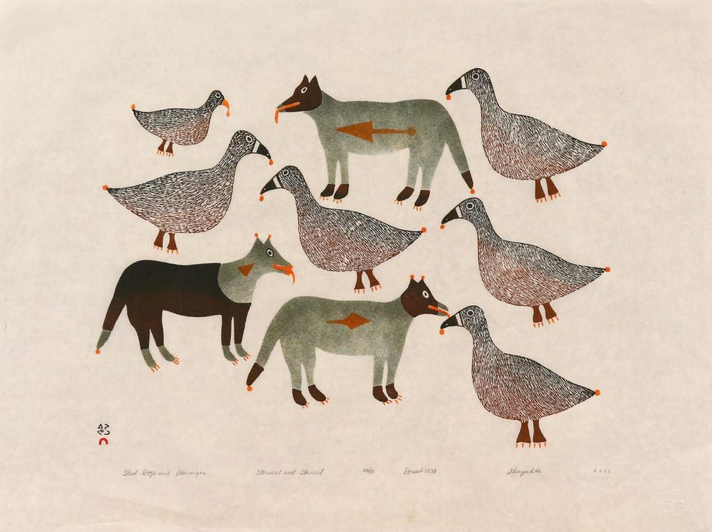 Ikayukta Tunnillie (1911-1980) - Sled Dogs And Ptarmigan; 1978