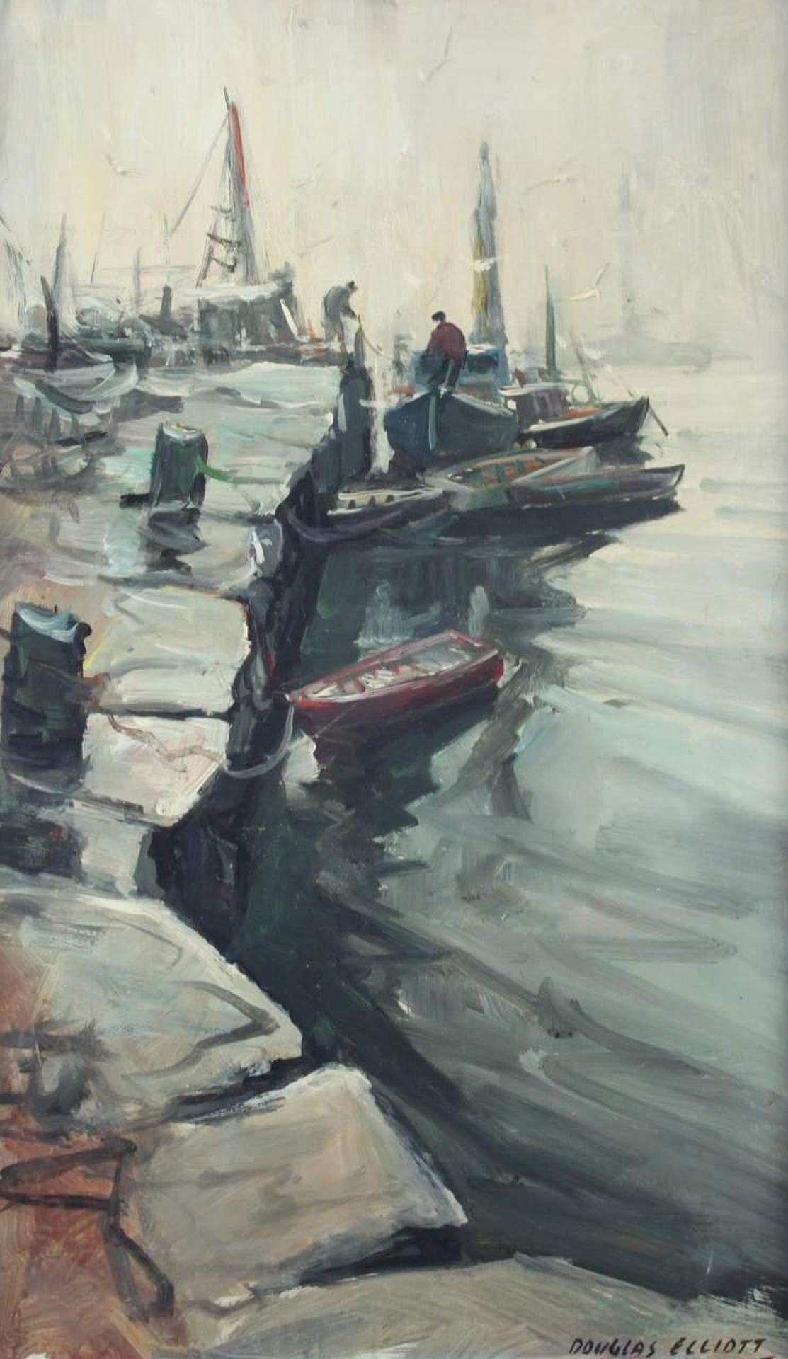 Douglas Ferfguson Elliott (1916-2012) - Fishing Boats at a Stone Pier