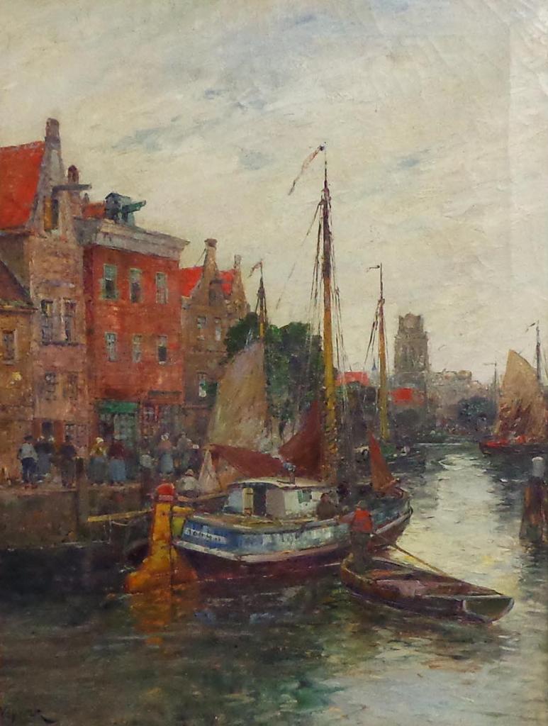 Karl Theodor Wagner (1856-1921) - Dutch harbour scene with boats and townsfolk