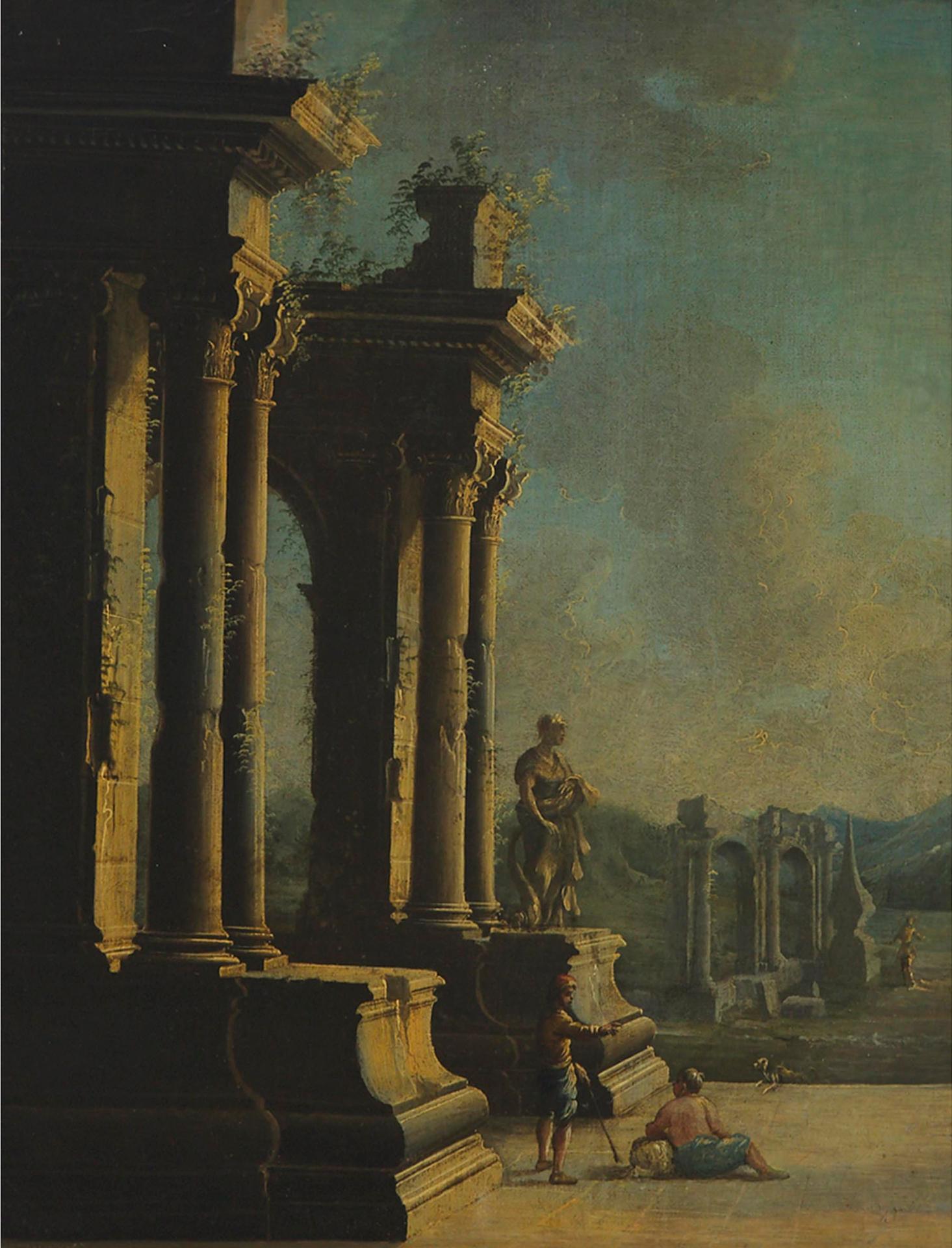 Manner of Giovanni Paola Panini (1691-1765) - A Ruin With Corinthian Columns, A Female Statue, Very Likely A Reference To The Goodness Salacia, And Figures In A Landscape Setting