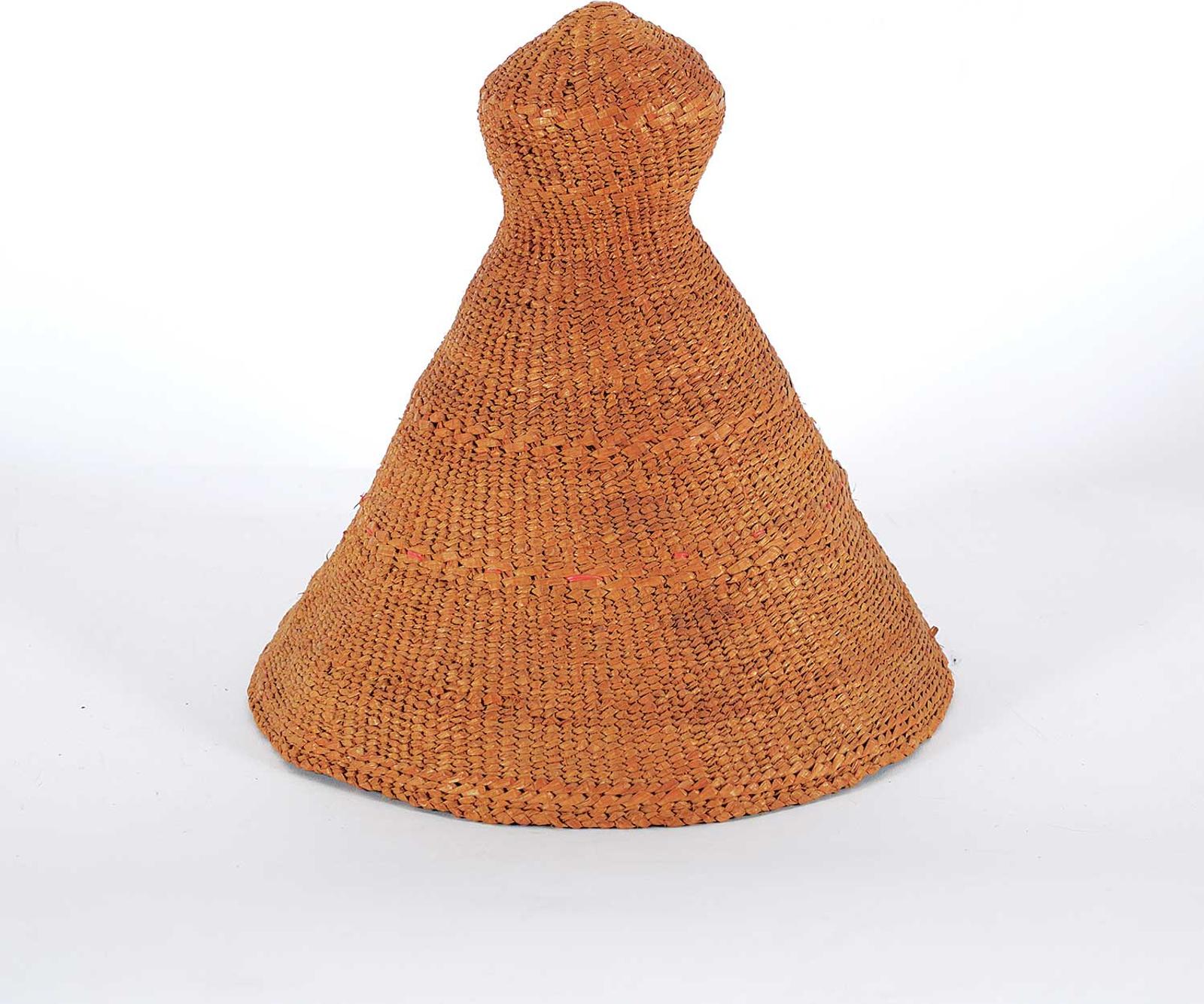 Northwest Coast First Nations School - Contemporary Nootka Bulbed Rain Hat with Red Stripe at Centre