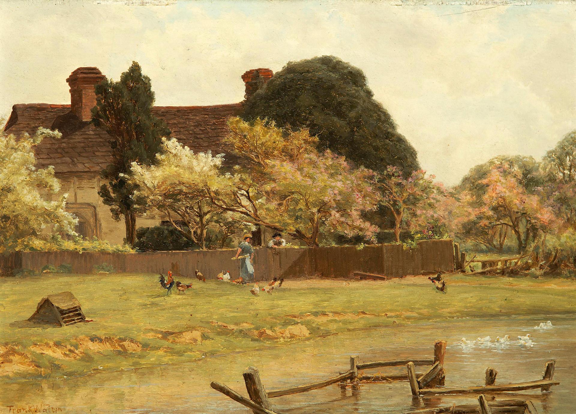 Frank Watson (1920) - Feeding chickens by the pond