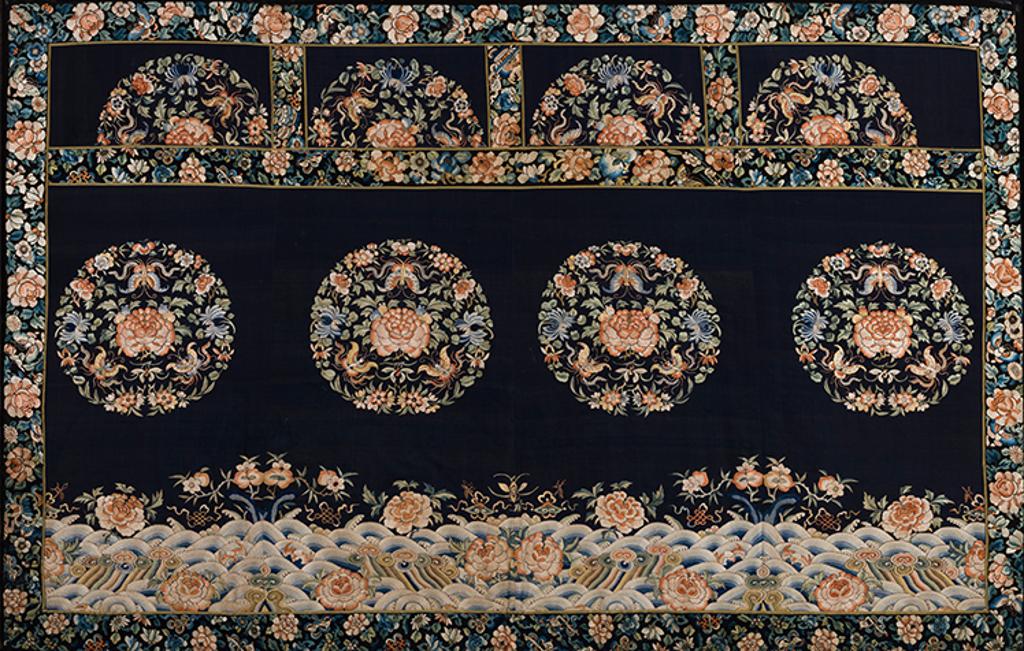 Chinese Art - A Large Chinese Blue Silk Ground Embroidered Textile Panel, c. 1900