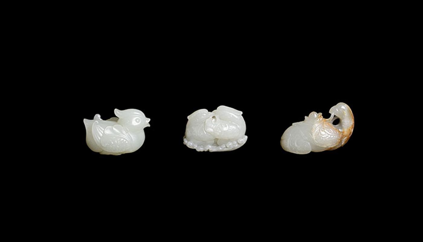 Chinese Art - Three Chinese Jade Carved Mandarin Duck Groups, 19th/20th Century