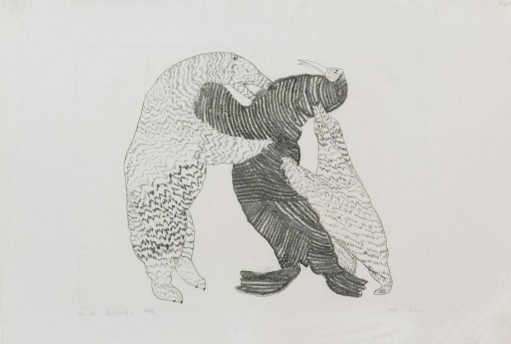 Iyola Kingwatsiak (1933-2000) - Bears Attacking A Walrus