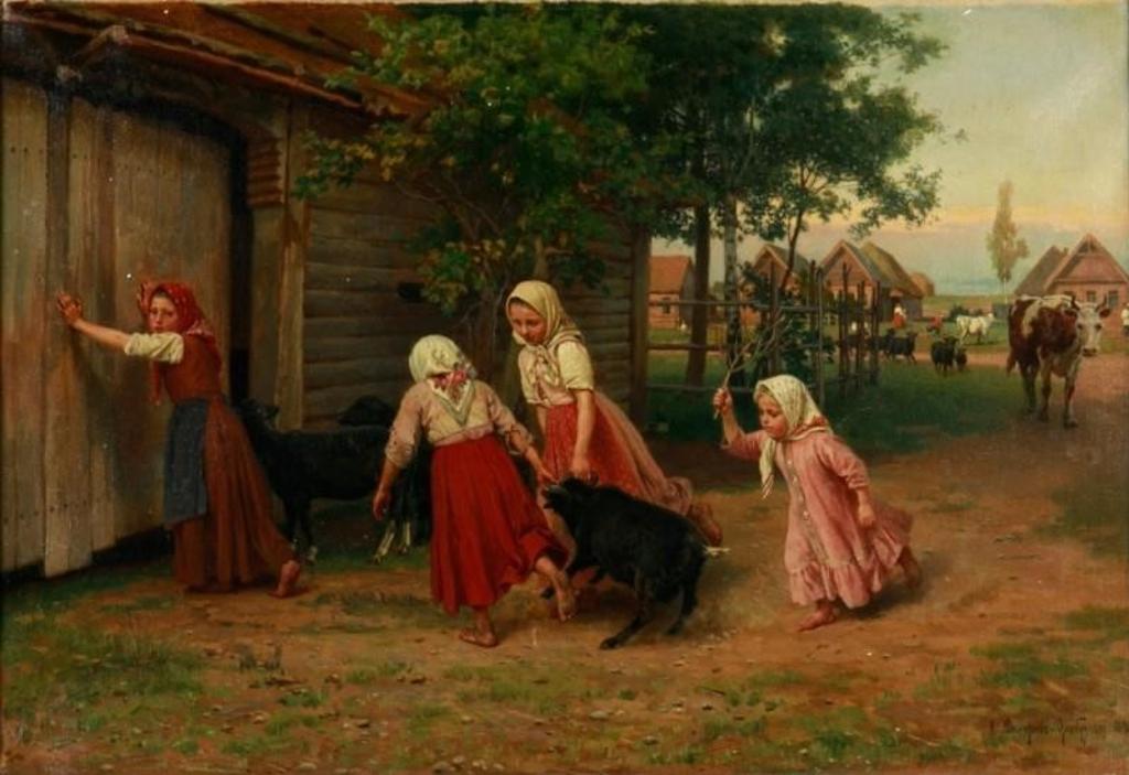Nikolaj Dmitriev-Orenburgskij (1838-1898) - Farmyard Scene with Children Herding a Calf