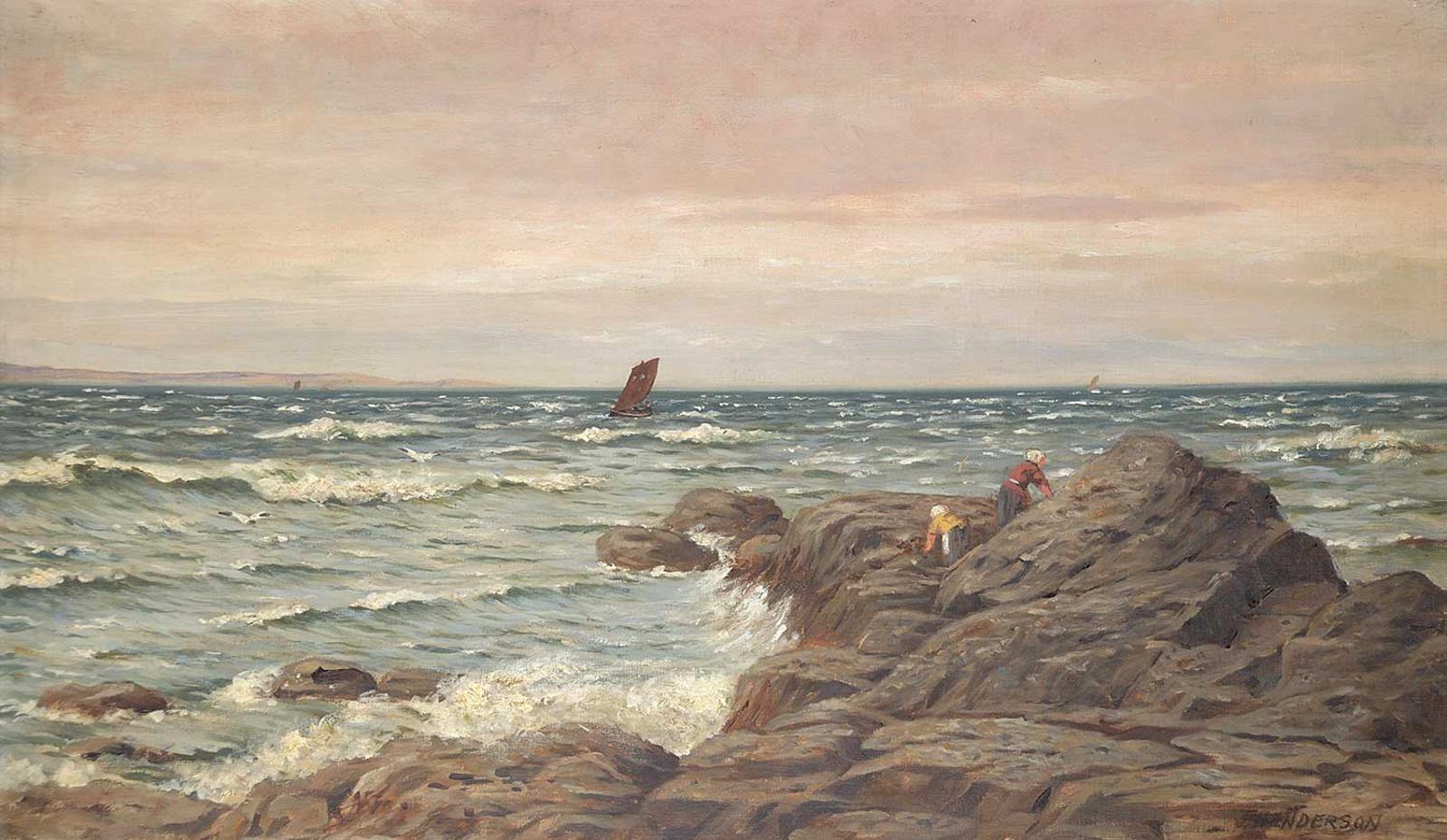 J. Henderson - Untitled - Women on the Rocks with Sailboat on the Horizon