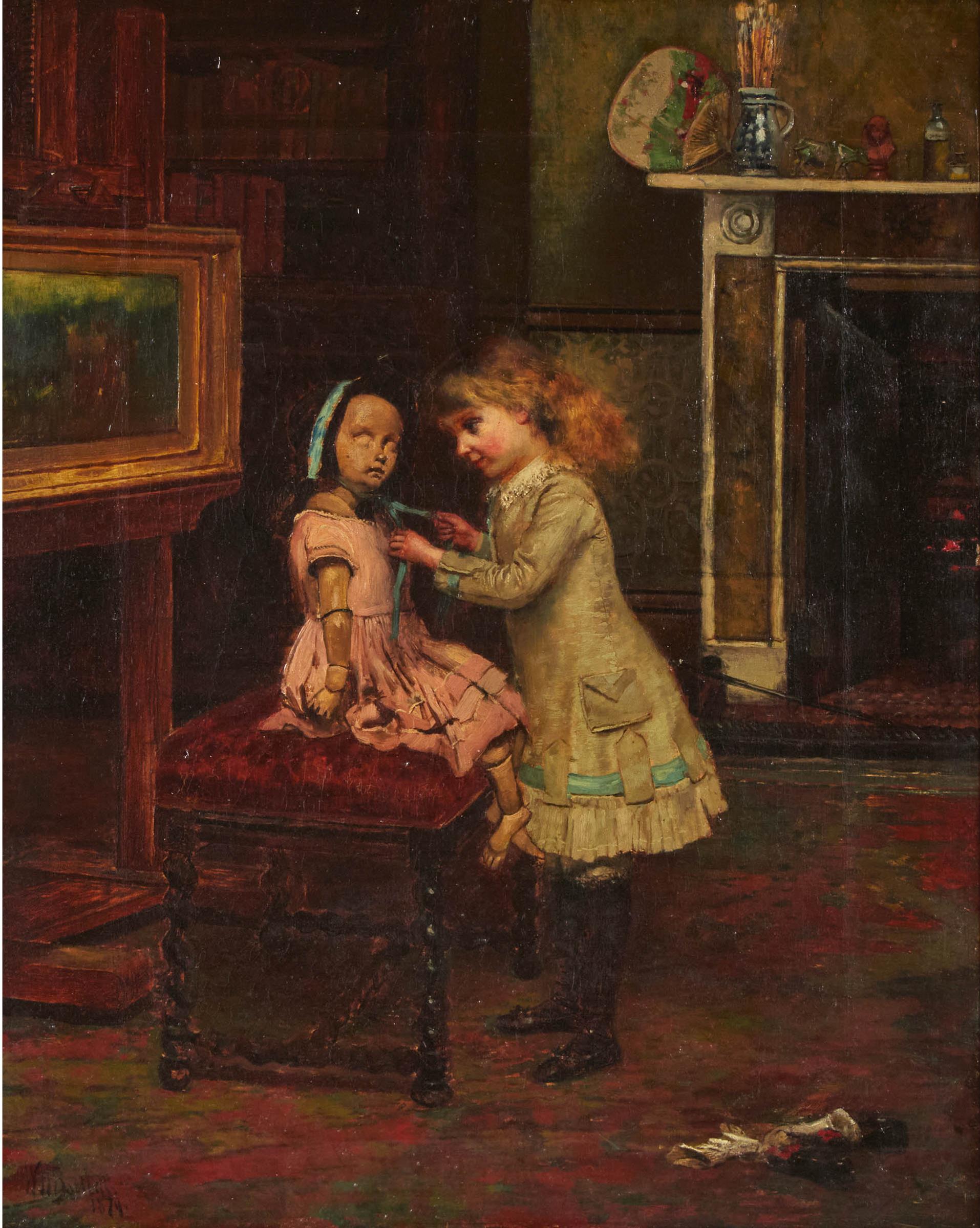 William Henry Bartlett (1809-1854) - Girl Dressing Her Doll In An Interior, 1879