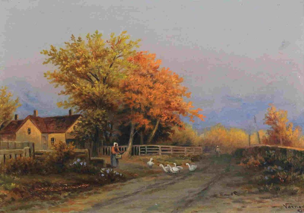 Frederick Arthur Verner (1836-1928) - Farmhouse With Figures And Geese On A Country Path; 1880
