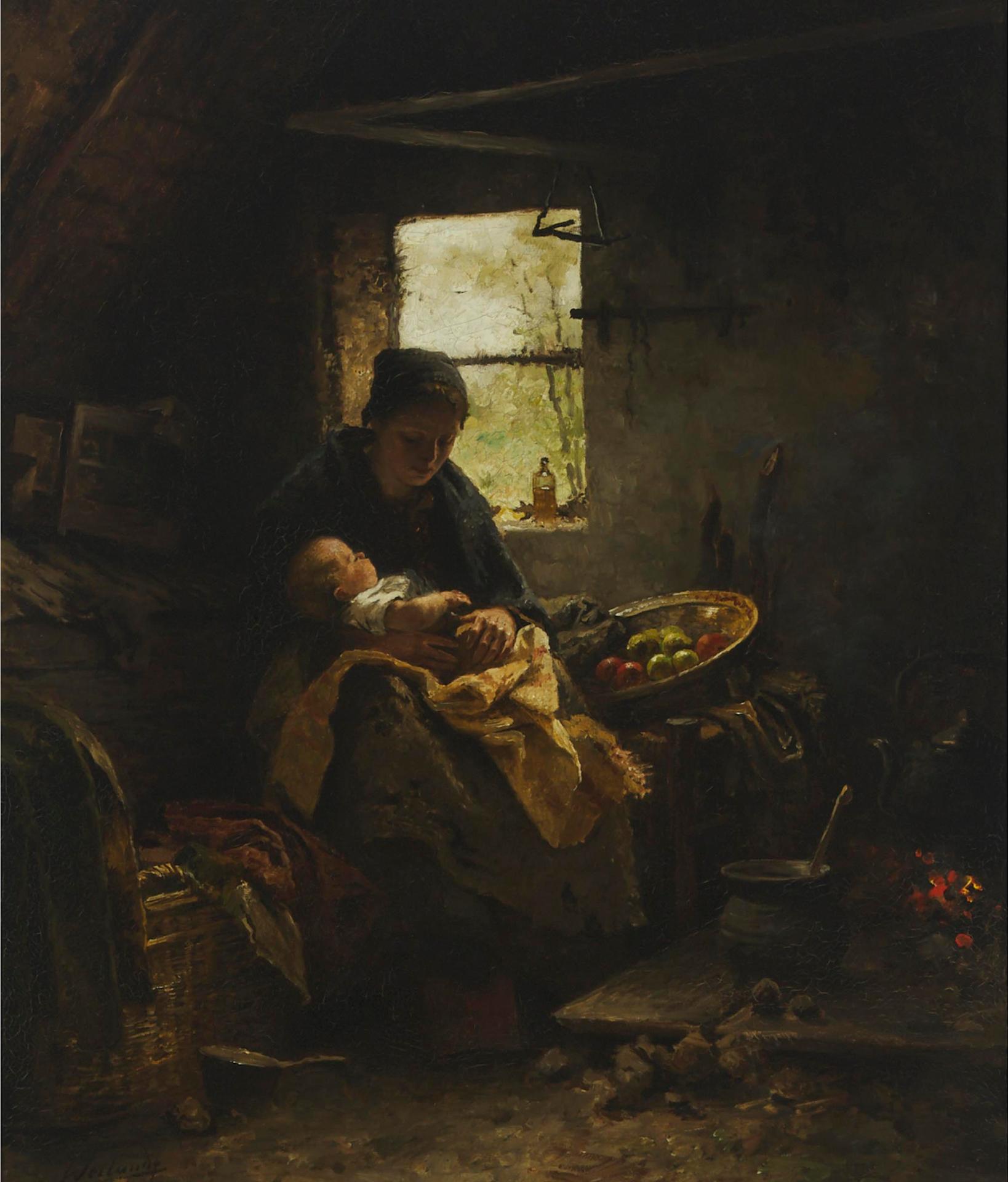 Johannes Weiland (1856-1909) - Mother Cradling Her Sleeping Baby In A Kitchen Interior, 1901