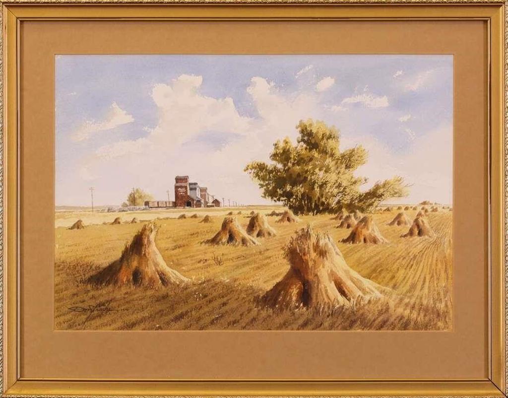 Don Frache (1919-1994) - Untitled, Harvest Scene with Stooks and Grain Elevators