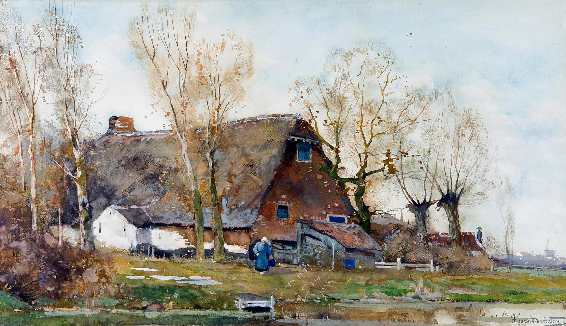 Arend Jan Van Driesten (1878-1969) - Figure outside a farmhouse going to collect water