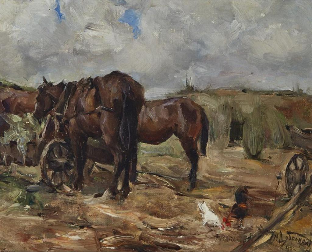 Michail Nikolaievitch Dobronravov (1904-1980) - Farm Scene With Horses And Chickens Feeding, 1940
