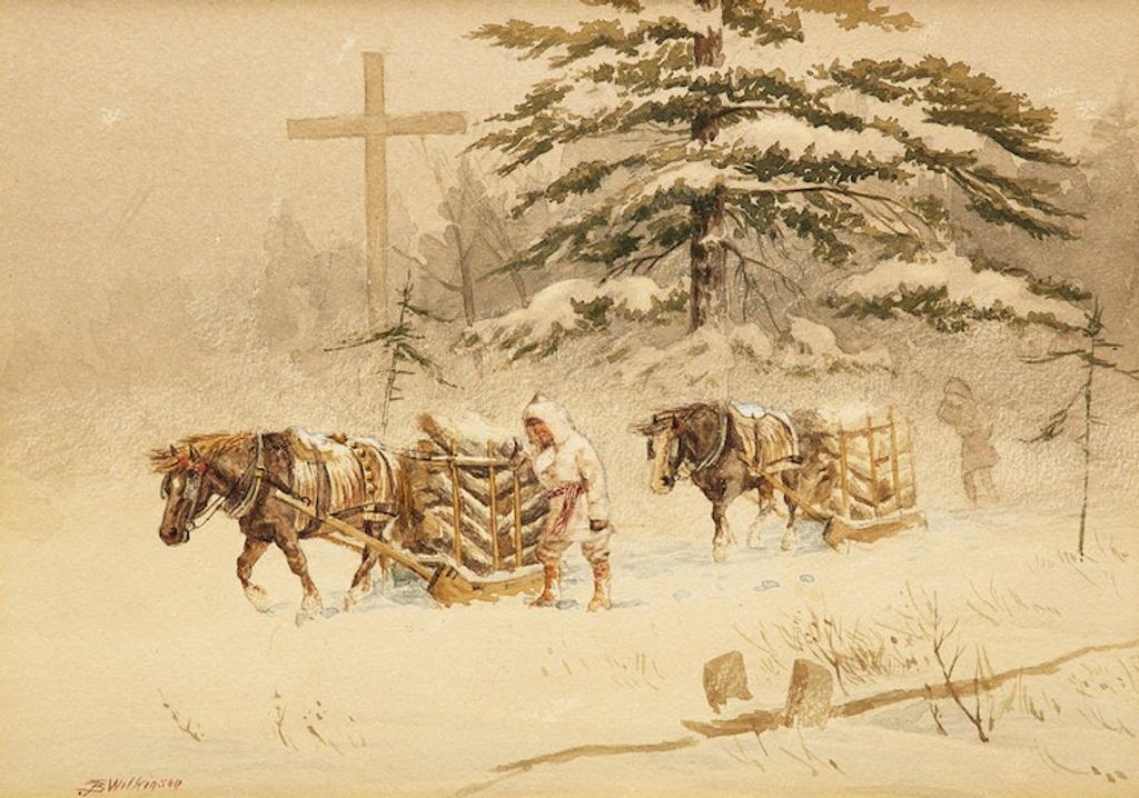 John B. Wilkinson (1865-1907) - Two Horse-Drawn Sleighs Hauling Logs Past a Wayside Cross