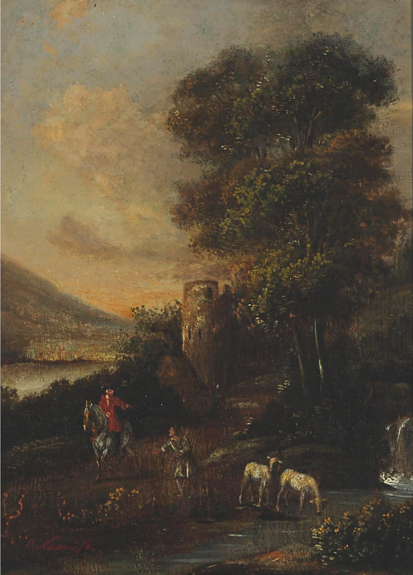 Follower of Patrick Nasmyth (1787-1831) - Mounted Officer Pointing To A Shepherd And His Sheep Near Castle Ruin