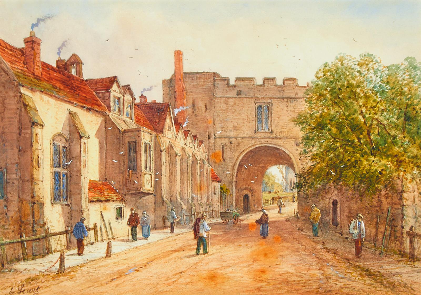E. Lewis - Medieval Archway To Village Lane And Townsfolk