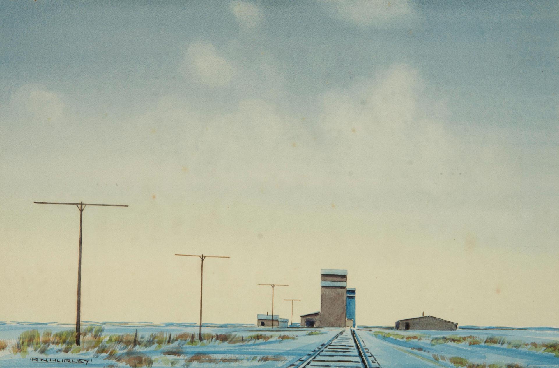 Robert Newton Hurley (1894-1980) - Railway tracks and grain elevators in winter and Prairie harvest