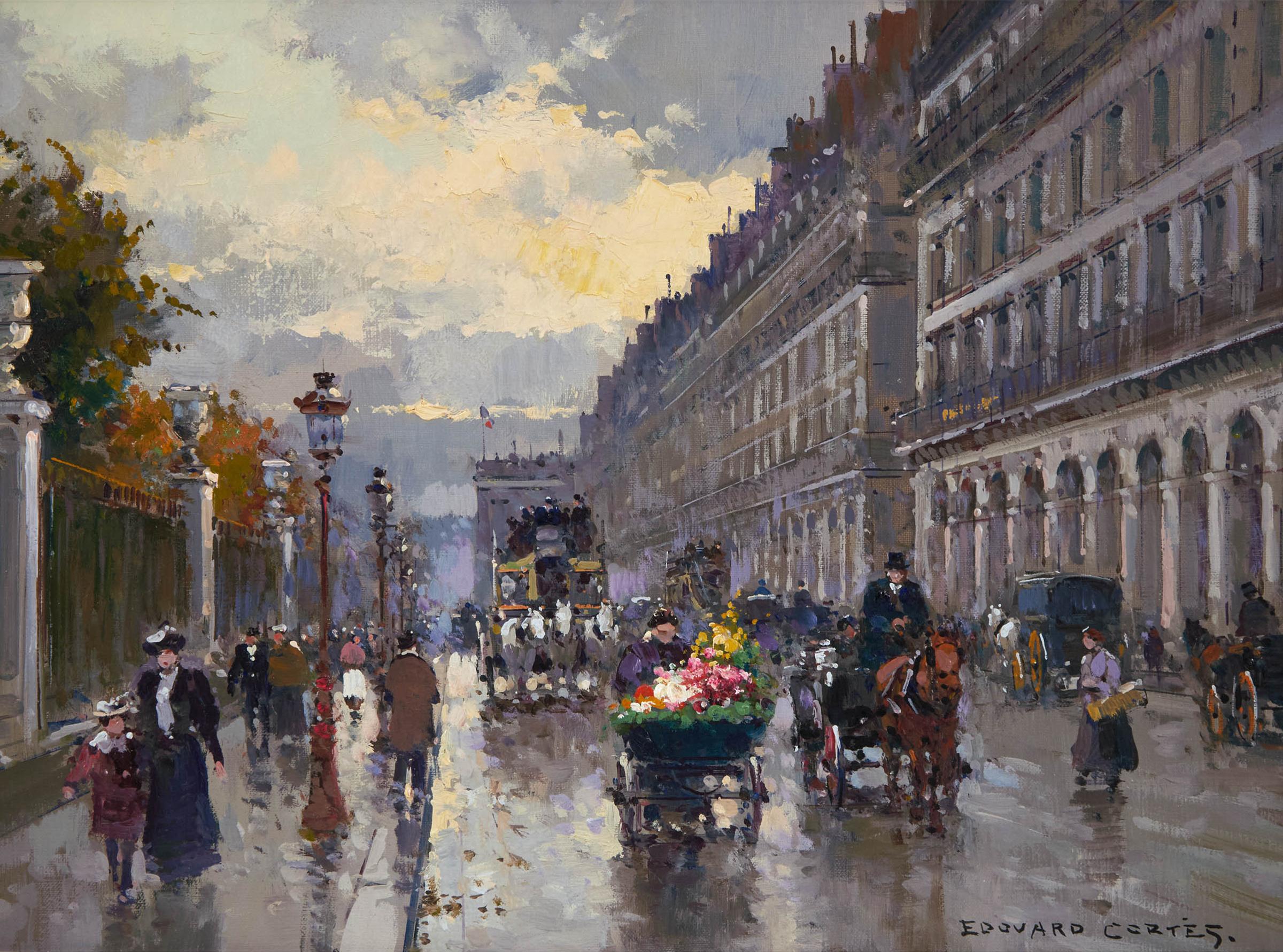 Edouard Léon Cortès (1882-1969) - Paris, Animation Rue De Rivoli Devant Le Jardin Des Tuileries