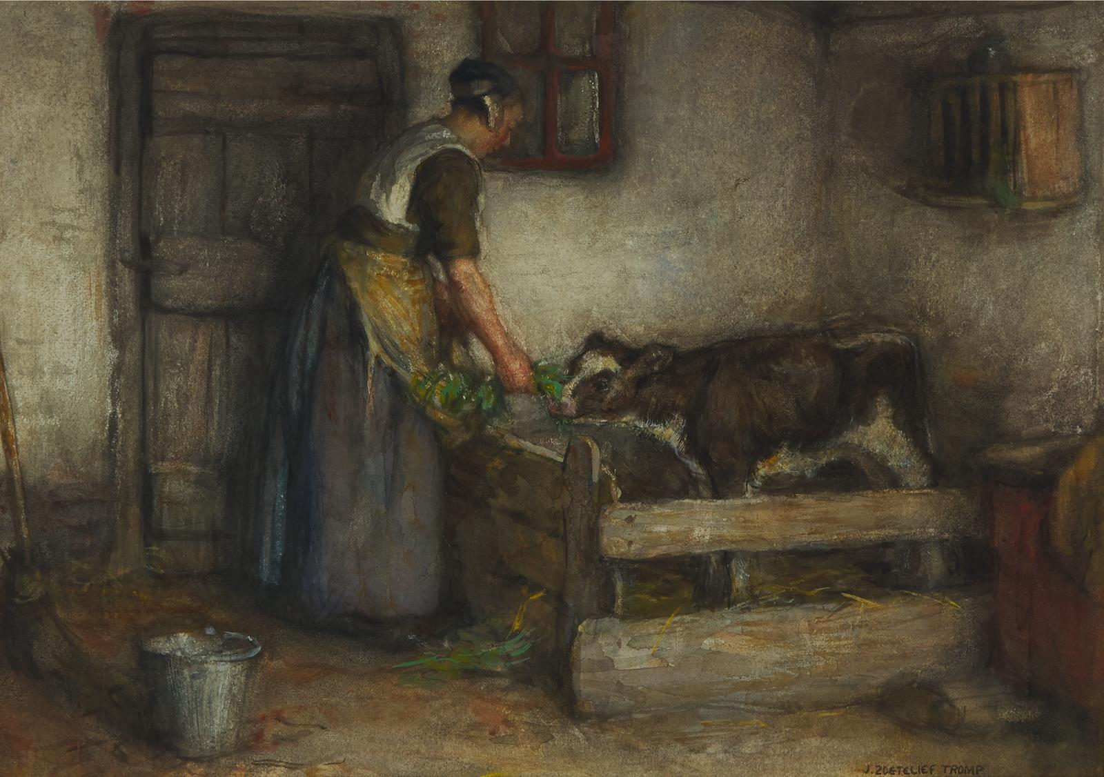 Johann Jan Zoetelief Tromp (1872-1947) - Peasant Girl Feeding The Calf
