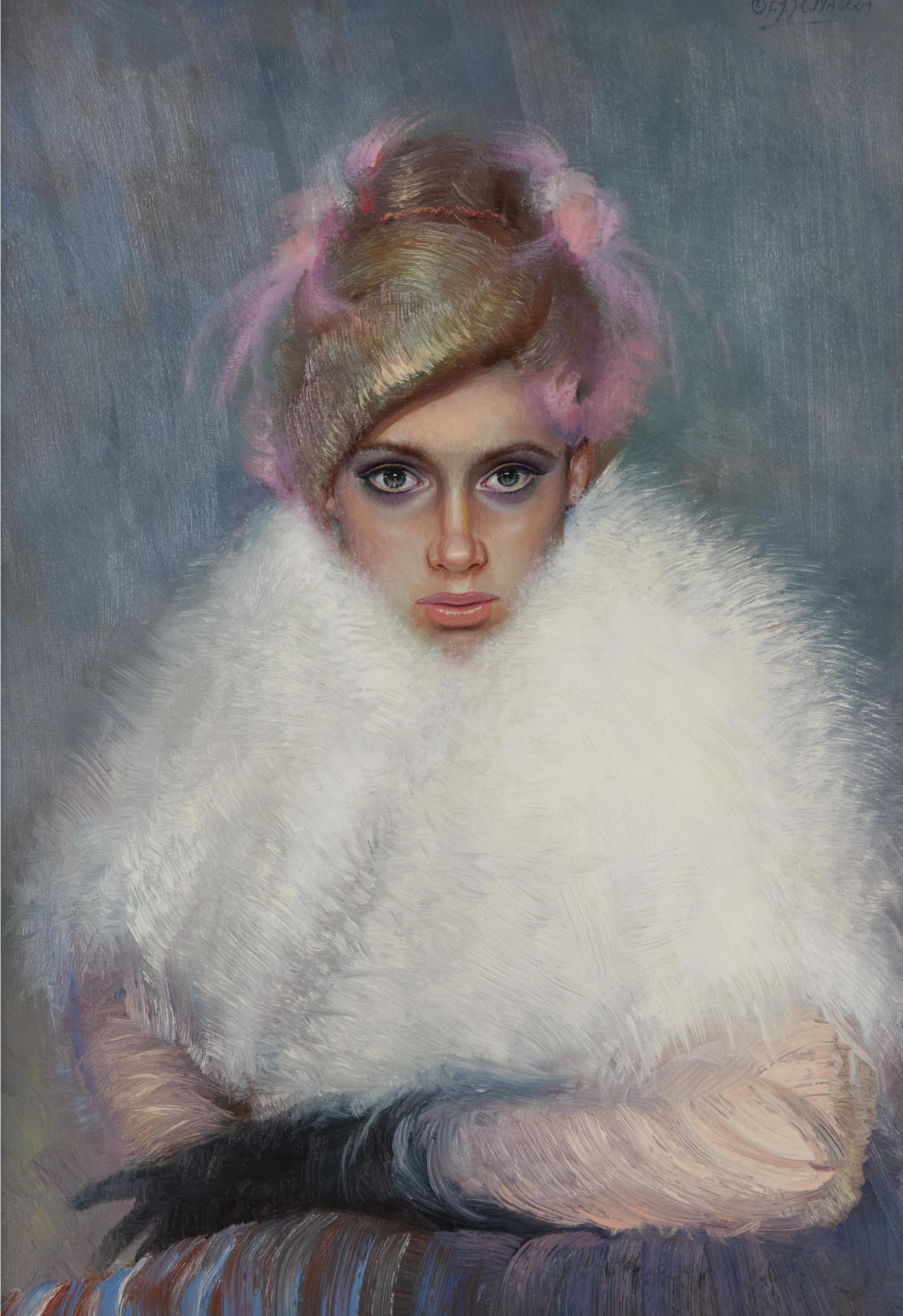 Francisco Masseria - Beauty With Feather Hat Wearing A White Fur Boa, Ca. 1965
