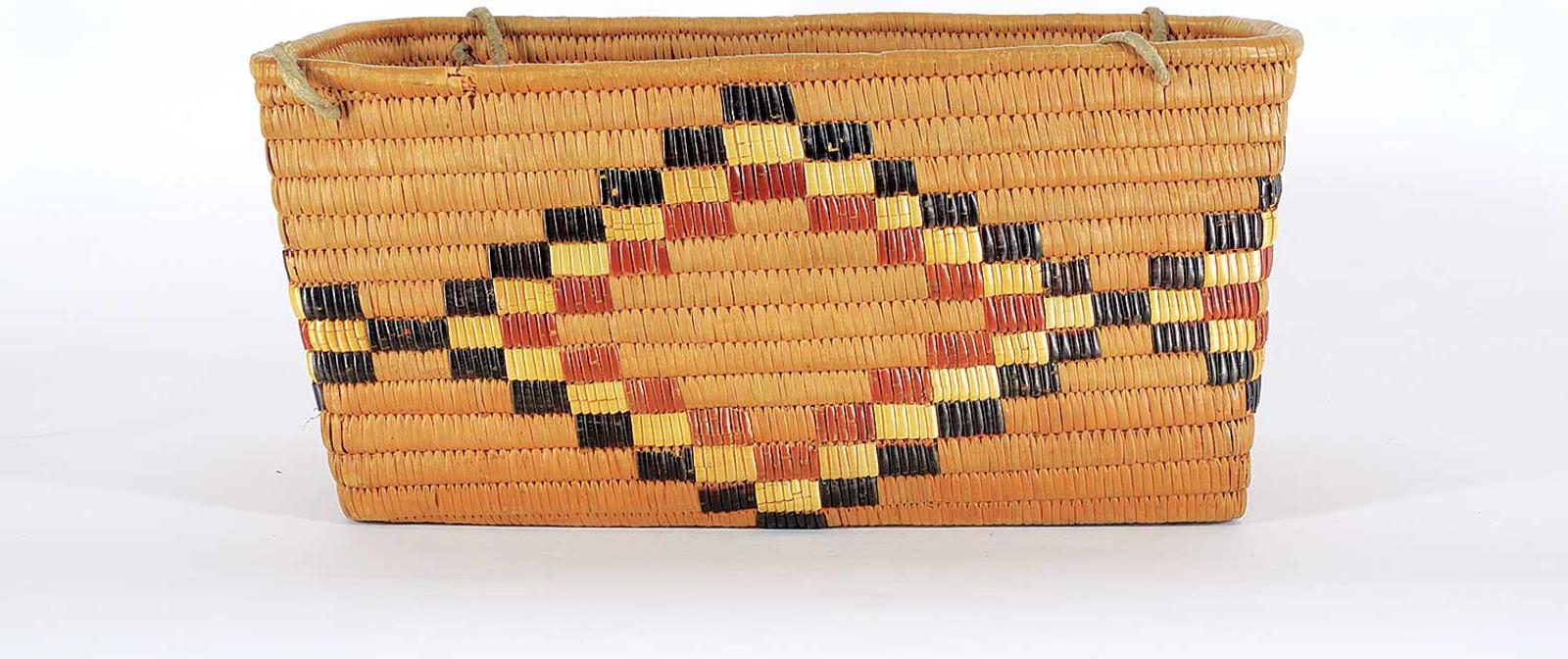 Northwest Coast First Nations School - Rectangular Basket with Diamond Pattern and Suede Handles