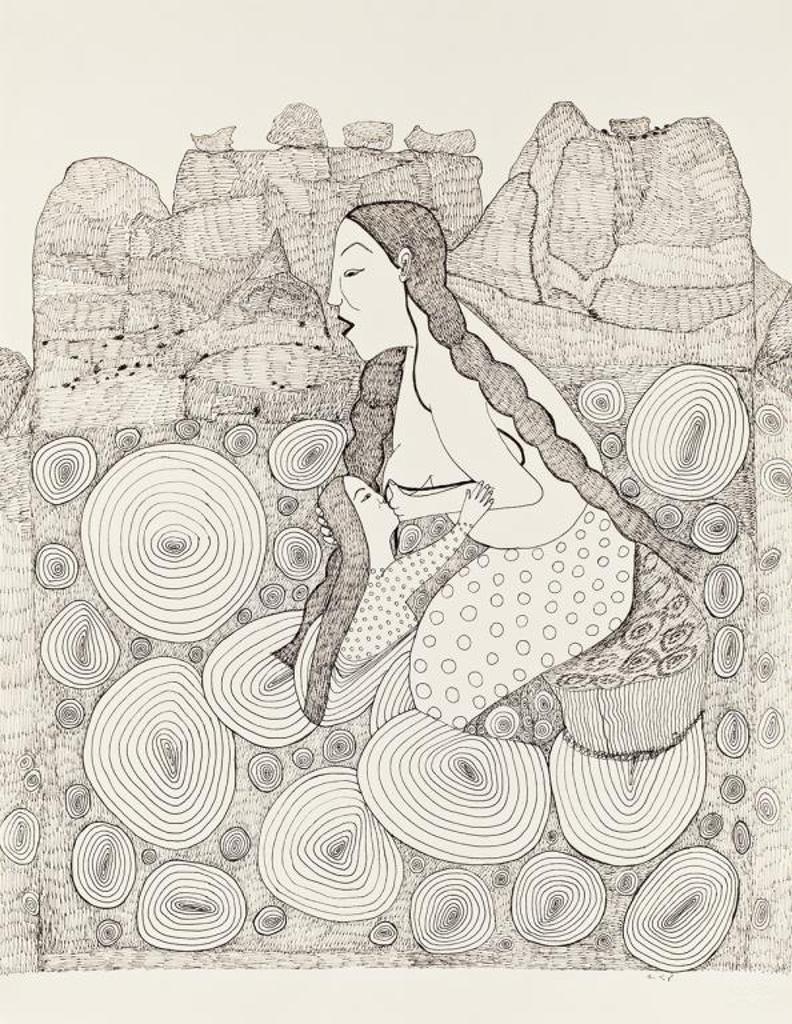 Napatchie Pootoogook (1938-2002) - Sedna Breastfeeding Her Child, 2000, ink drawing