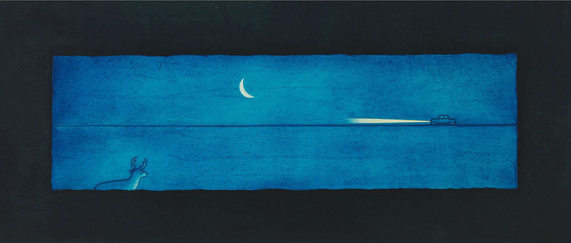 Richard (Rick) Gorenko (1954) - Night Scene With Deer, Crescent Moon, And Speeding Automobile, 1999