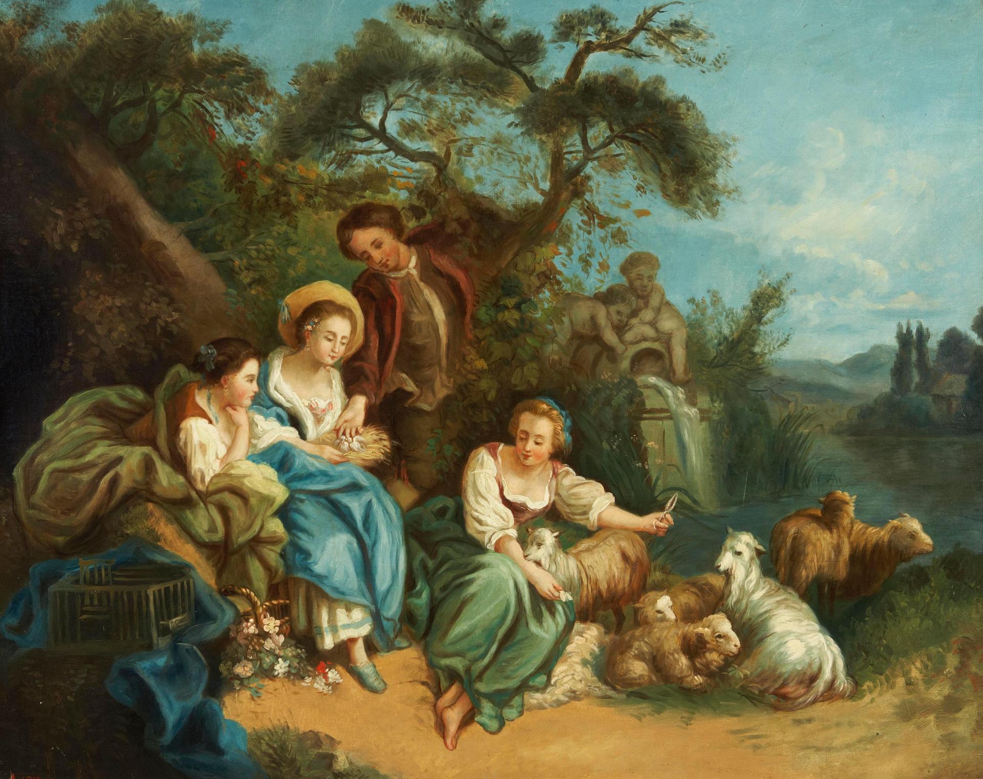 Francois Boucher (1703-1770) - Shepherdesses and sheep by a fountain